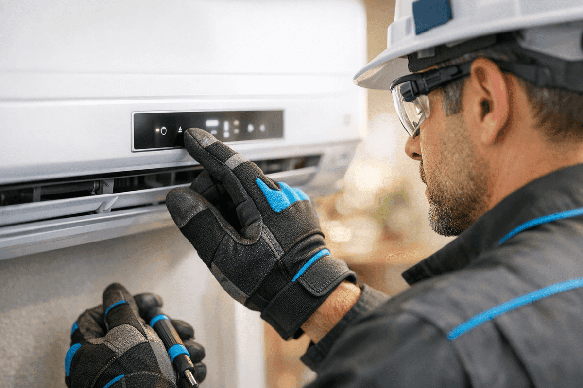 Close-up of technician’s gloved hands adjusting air conditioning control panel indoors